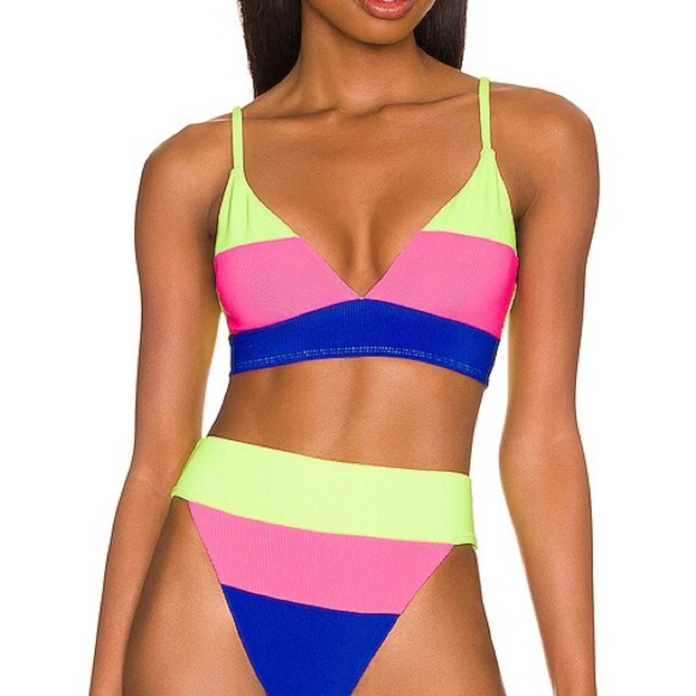 Beach Riot Tri-Color V-Neck Bikini Top and High-Waist Bottom